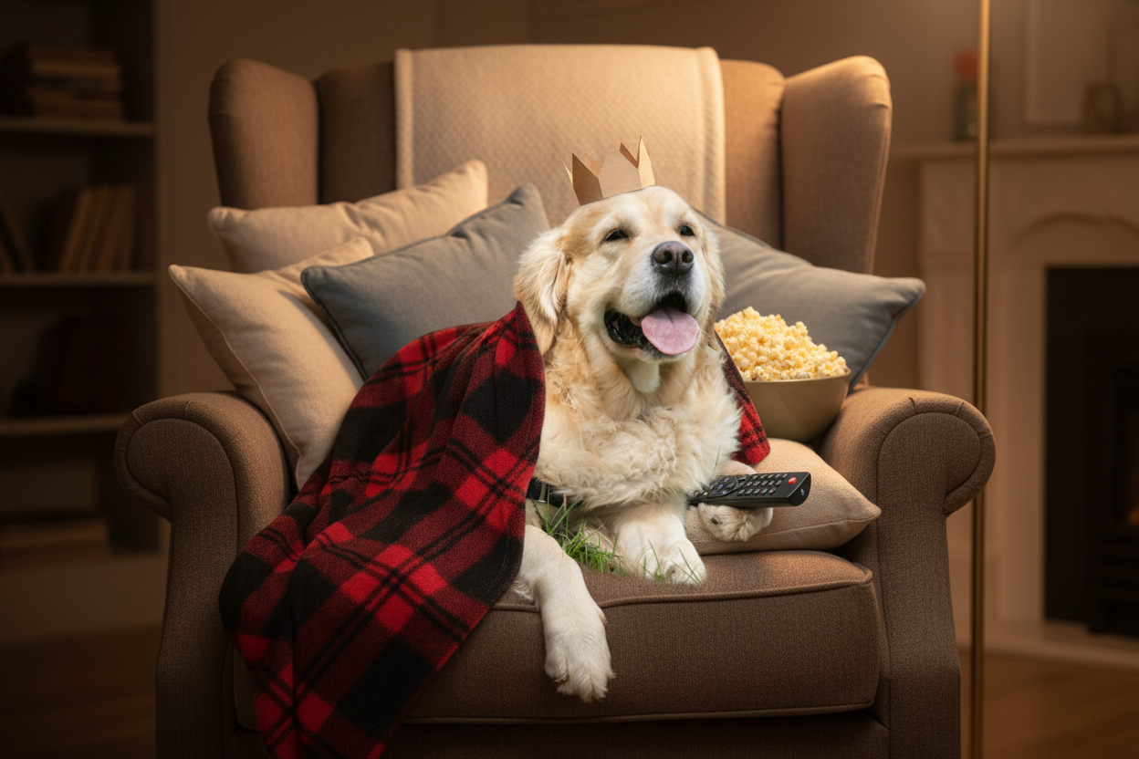 Couch King — photoreal pet portrait sample